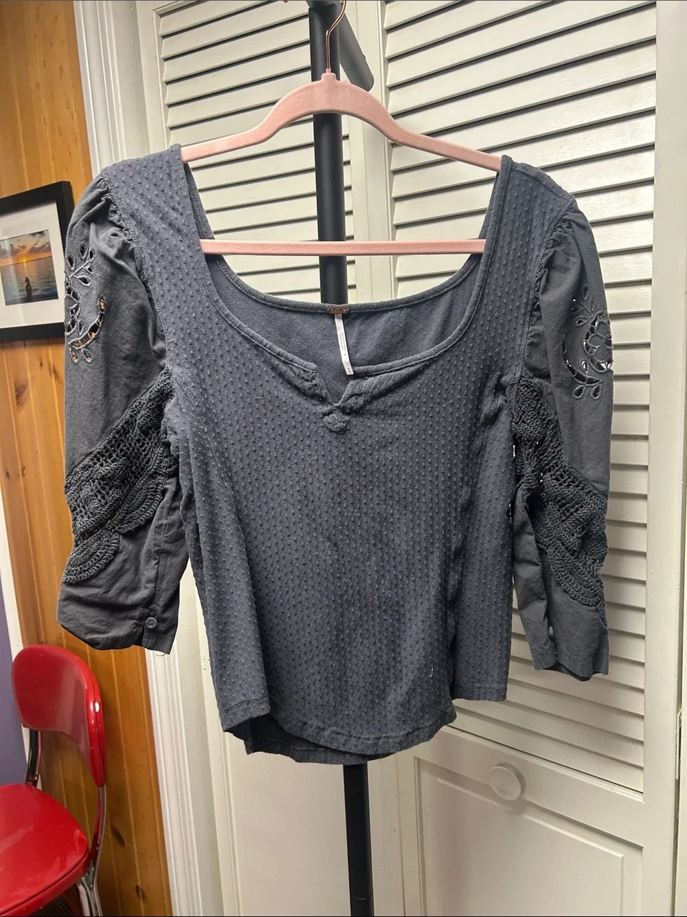 Free People Charcoal Gray Textured Scoop-Neck Blouse